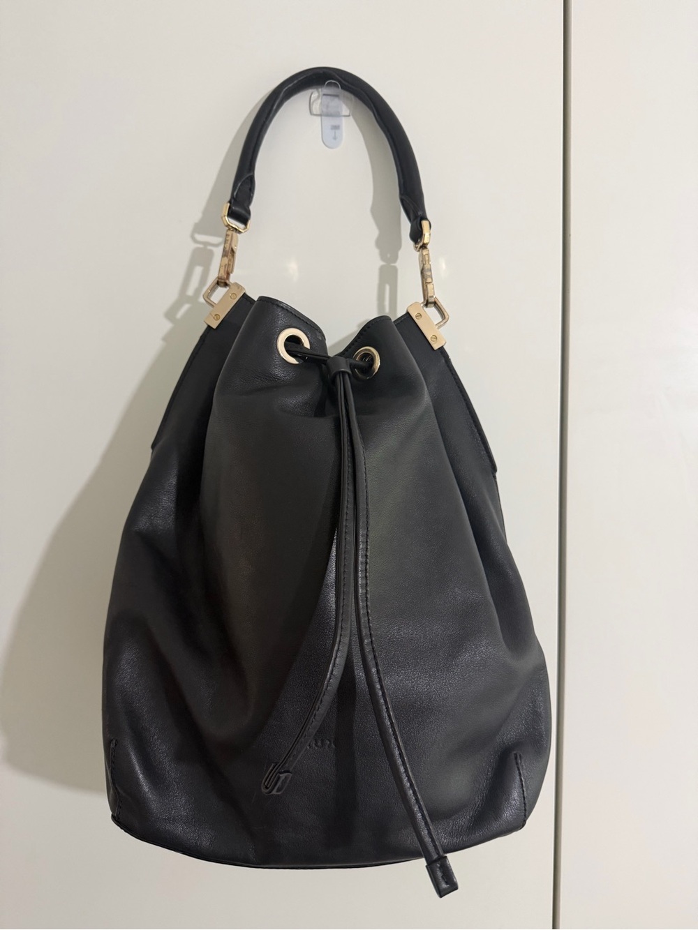 Auxiliary Mander Black Leather Drawstring Hobo / bucket bag/Gold Hardware - EUC